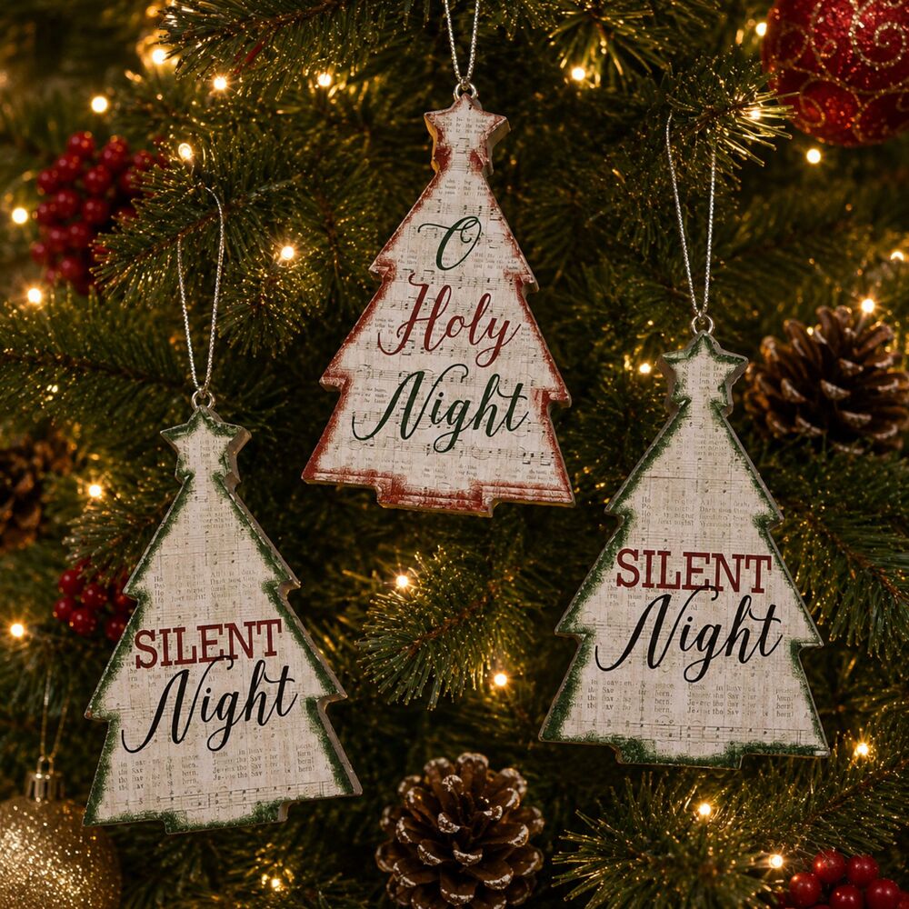 Ganz Wood Christmas Tree Ornaments 6" Silent Night O Holy Night Set of 3